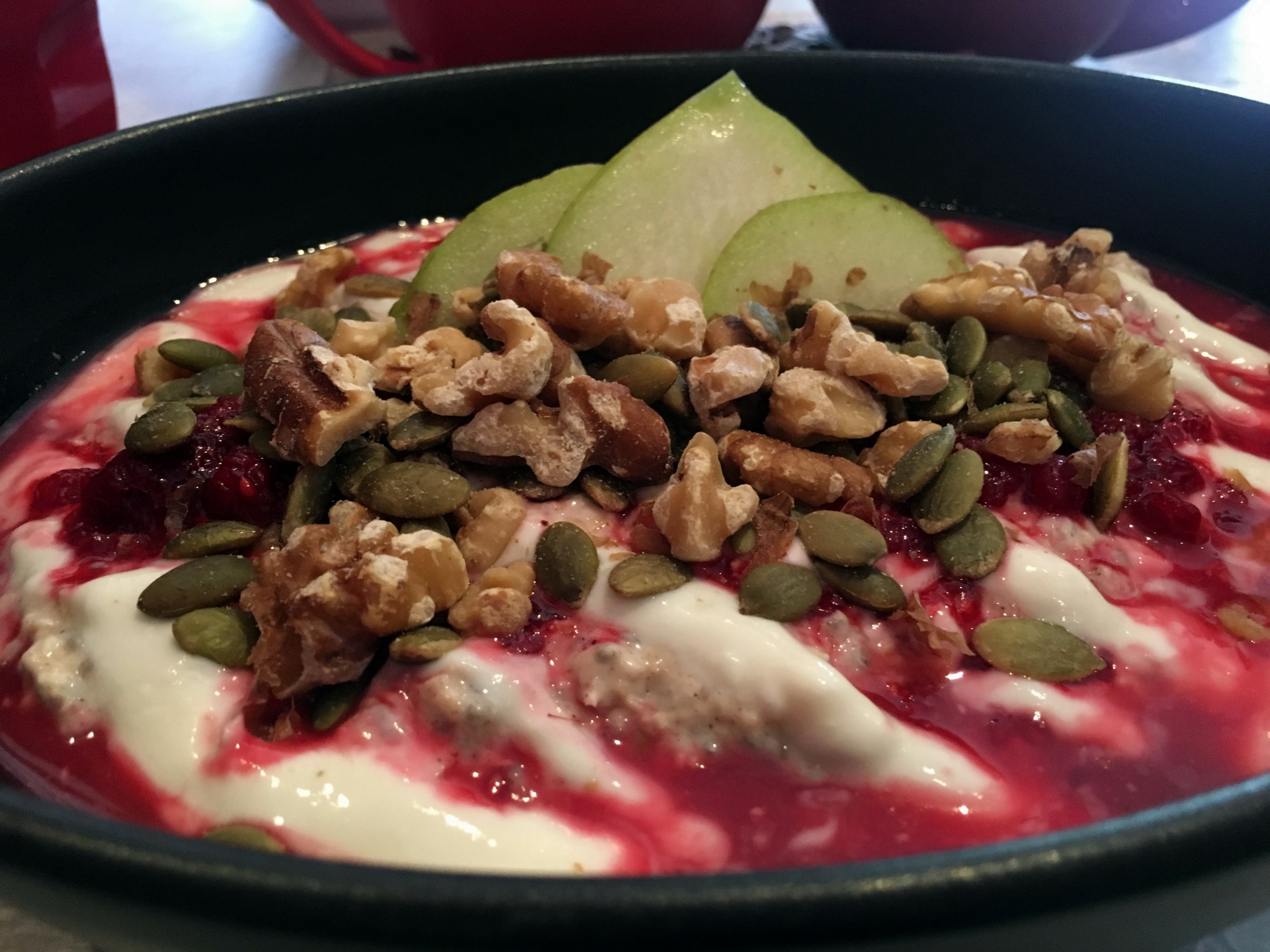 His: Bircher Muesli with Fruit, Chia Seeds, Pear, Walnuts, and Pepitas